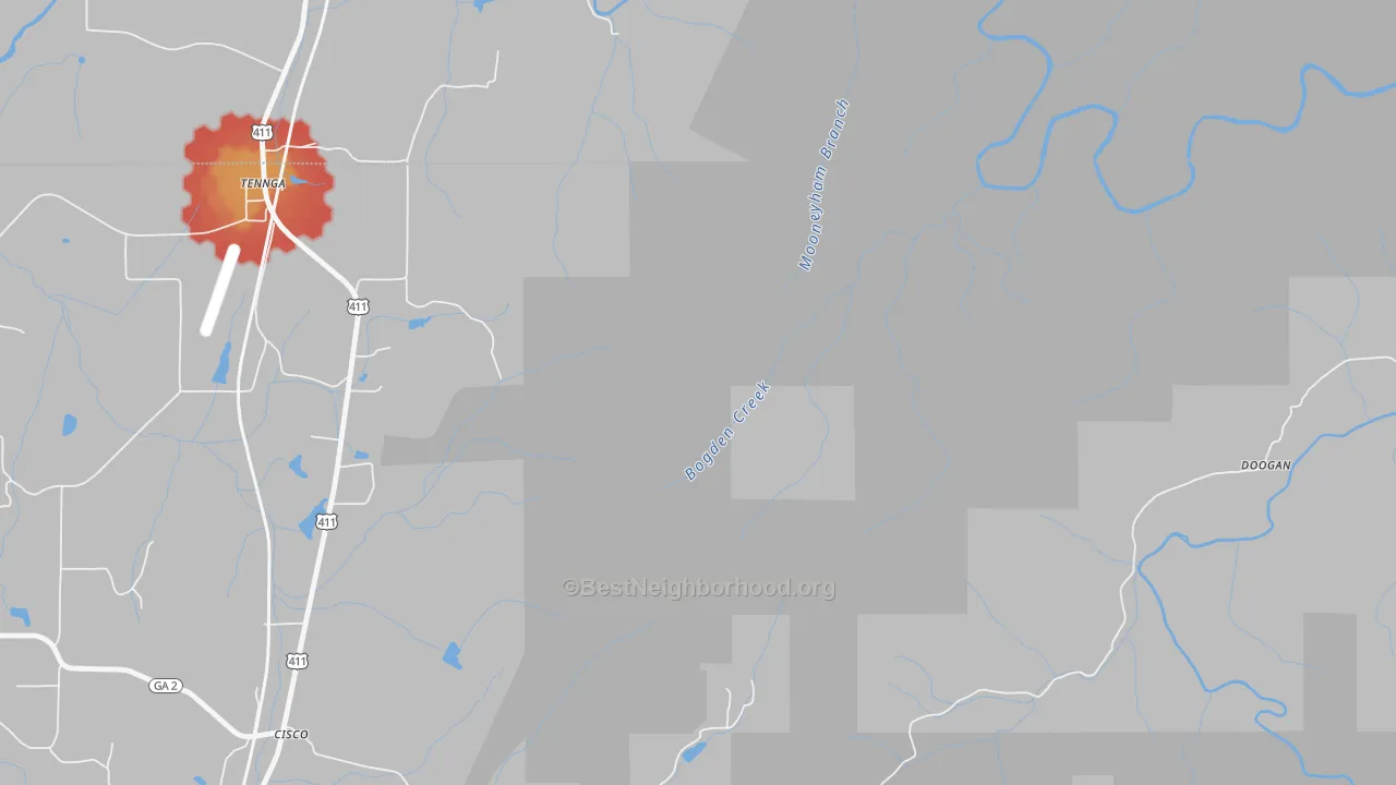Walk Grade map of Tennga, GA, walkable areas in green and car-dependent areas in red