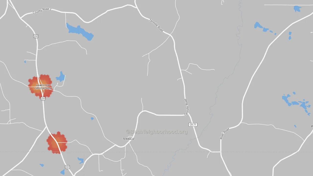 Walk Grade map of Tennille, AL, walkable areas in green and car-dependent areas in red