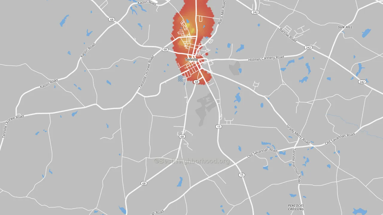 Walk Grade map of Tennille, GA, walkable areas in green and car-dependent areas in red