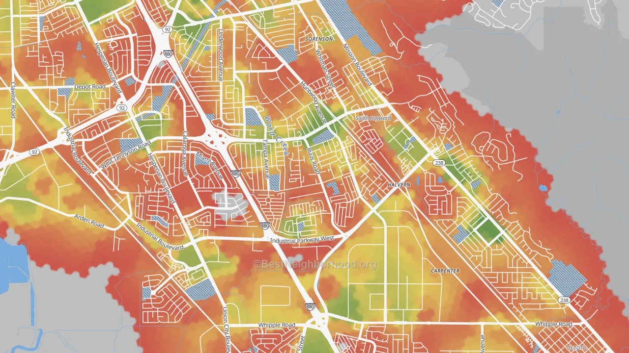 Walk Grade map of Tennyson-Alquire, Hayward, CA, walkable areas in green and car-dependent areas in red