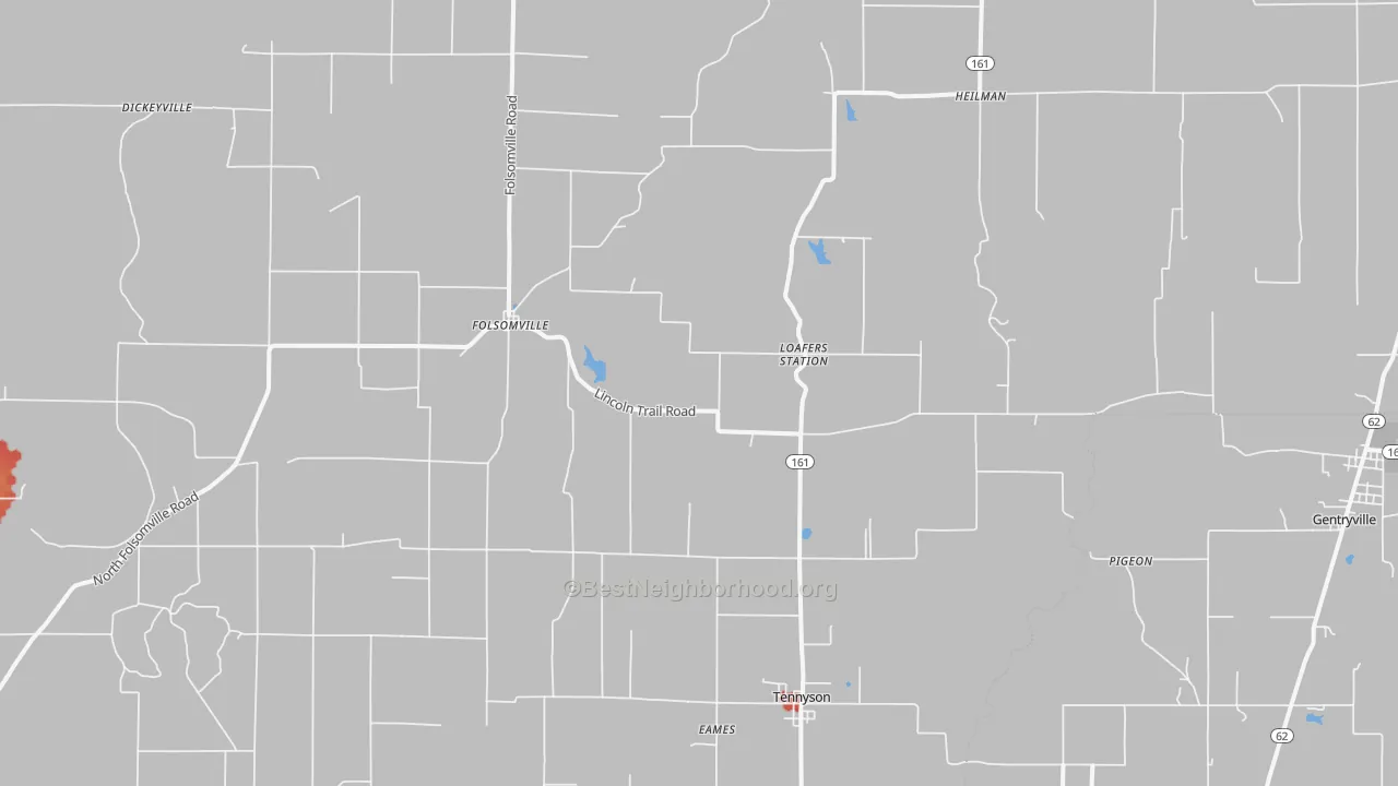 Walk Grade map of Tennyson, IN, walkable areas in green and car-dependent areas in red