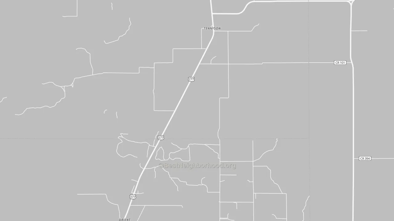 Walk Grade map of Tennyson, TX, walkable areas in green and car-dependent areas in red
