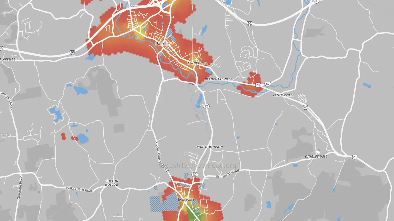 Walk Grade map of Tennyville, MA, walkable areas in green and car-dependent areas in red