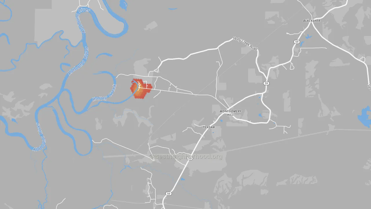 Walk Grade map of Tensaw, AL, walkable areas in green and car-dependent areas in red