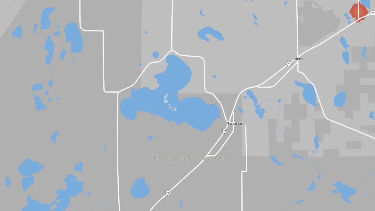 Walk Grade map of Tenstrike, MN, walkable areas in green and car-dependent areas in red