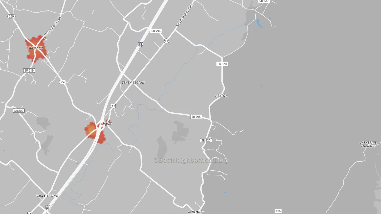 Walk Grade map of Tenth Legion, VA, walkable areas in green and car-dependent areas in red