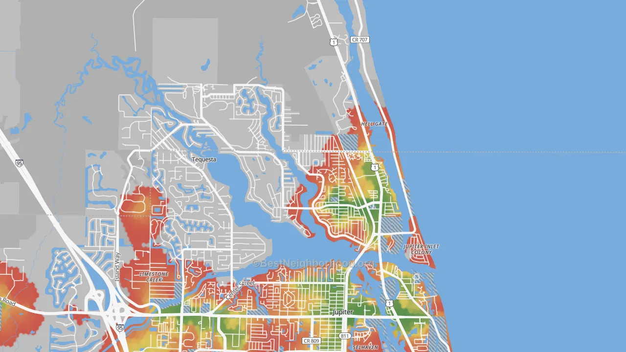 Walk Grade map of Tequesta, FL, walkable areas in green and car-dependent areas in red
