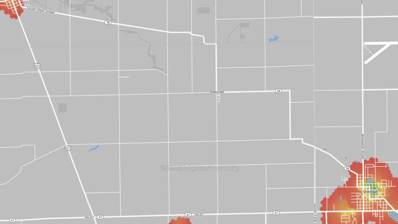 Walk Grade map of Terhune, IN, walkable areas in green and car-dependent areas in red