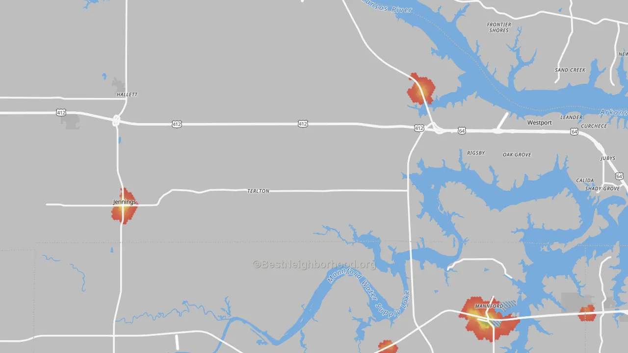 Walk Grade map of Terlton, OK, walkable areas in green and car-dependent areas in red