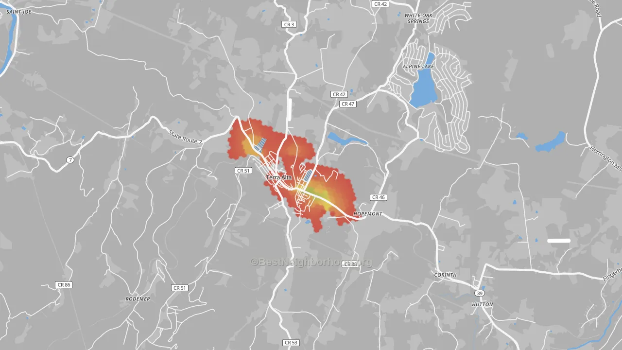 Walk Grade map of Terra Alta, WV, walkable areas in green and car-dependent areas in red
