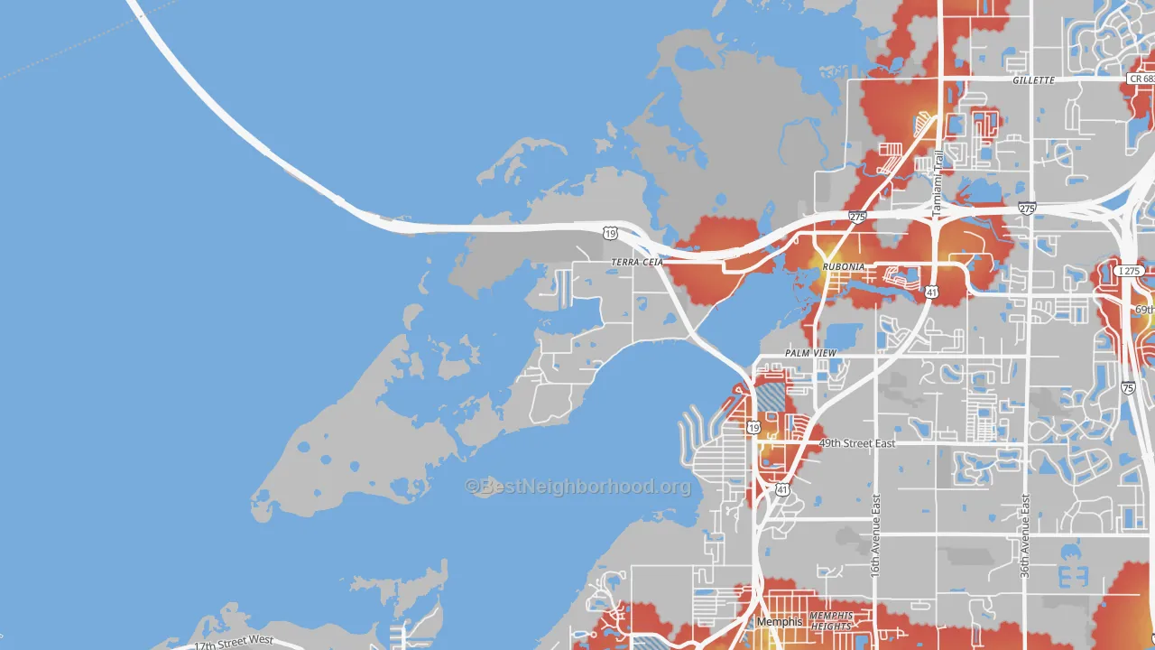 Walk Grade map of Terra Ceia, FL, walkable areas in green and car-dependent areas in red