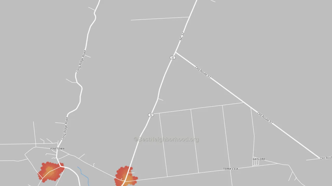 Walk Grade map of Terra Ceia, NC, walkable areas in green and car-dependent areas in red