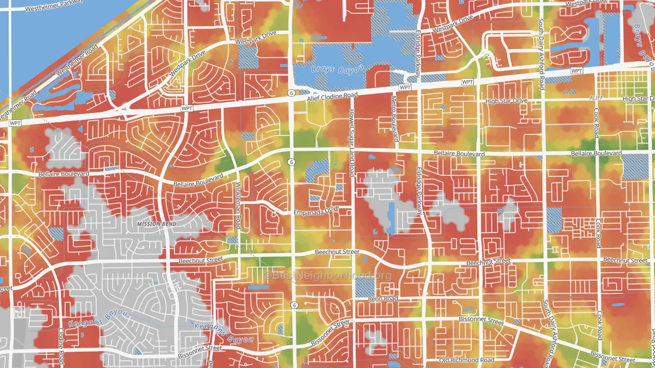 Walk Grade map of Terra del Sol, Houston, TX, walkable areas in green and car-dependent areas in red