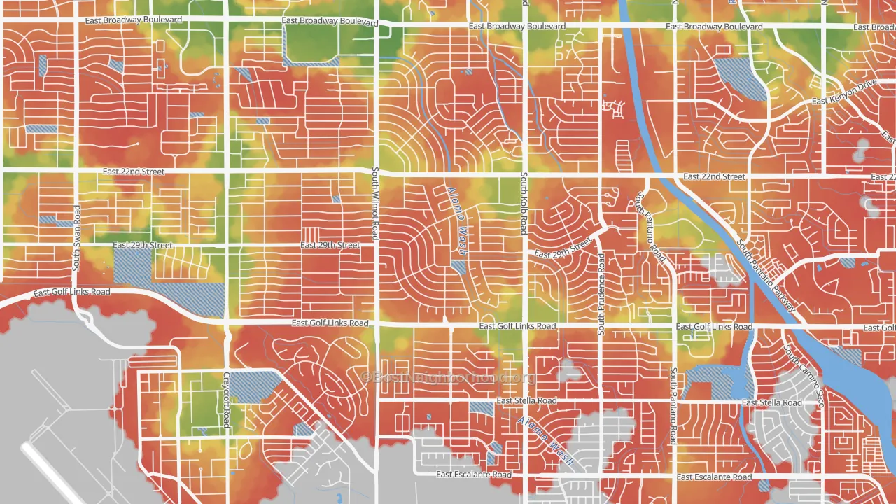 Walk Grade map of Terra del Sol, Tucson, AZ, walkable areas in green and car-dependent areas in red