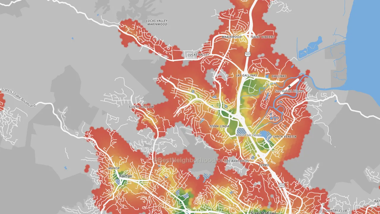 Walk Grade map of Terra Linda, San Rafael, CA, walkable areas in green and car-dependent areas in red