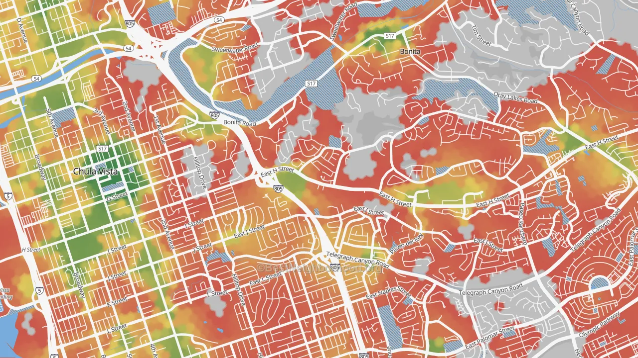 Walk Grade map of Terra Nova, Chula Vista, CA, walkable areas in green and car-dependent areas in red