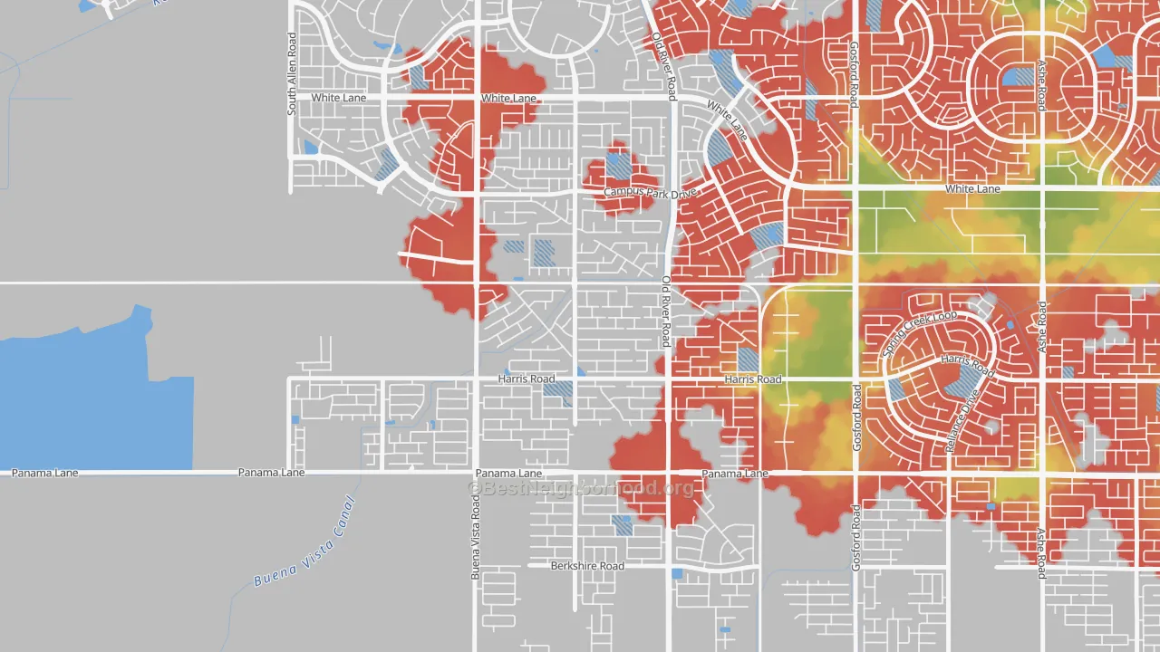 Walk Grade map of Terra Vista, Bakersfield, CA, walkable areas in green and car-dependent areas in red