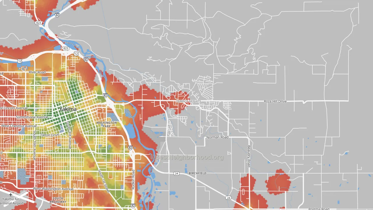 Walk Grade map of Terrace Heights, WA, walkable areas in green and car-dependent areas in red