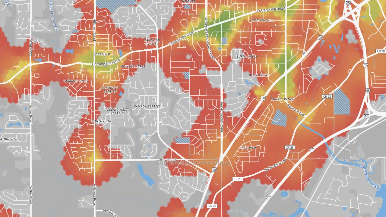 Walk Grade map of Terrace Hills, Mobile, AL, walkable areas in green and car-dependent areas in red