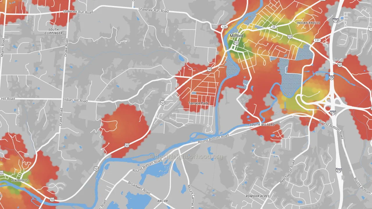 Walk Grade map of Terrace Park, OH, walkable areas in green and car-dependent areas in red