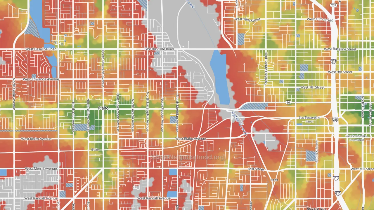 Walk Grade map of Terrace, San Bernardino, CA, walkable areas in green and car-dependent areas in red
