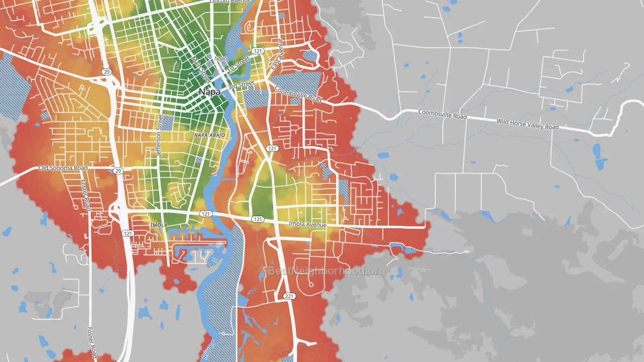 Walk Grade map of Terrace-Shurtleff, Napa, CA, walkable areas in green and car-dependent areas in red