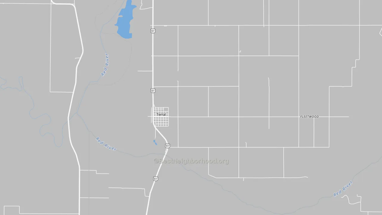 Walk Grade map of Terral, OK, walkable areas in green and car-dependent areas in red
