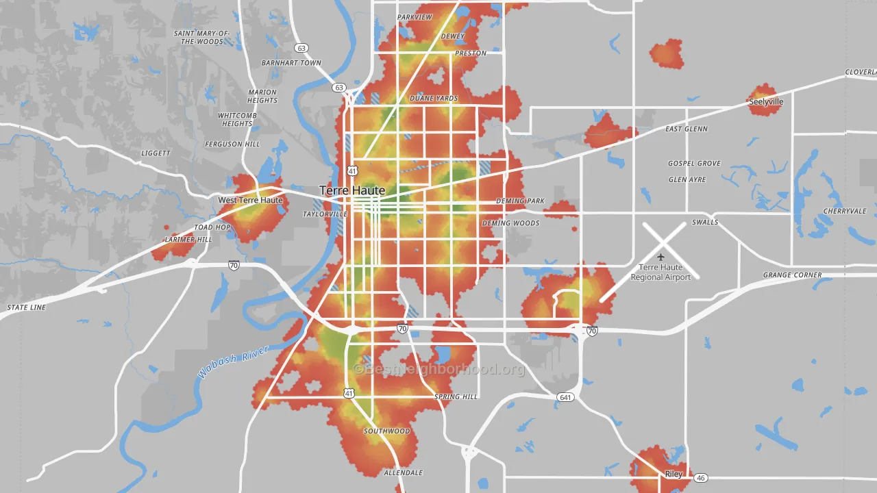 Walk Grade map of Terre Haute, IN, walkable areas in green and car-dependent areas in red