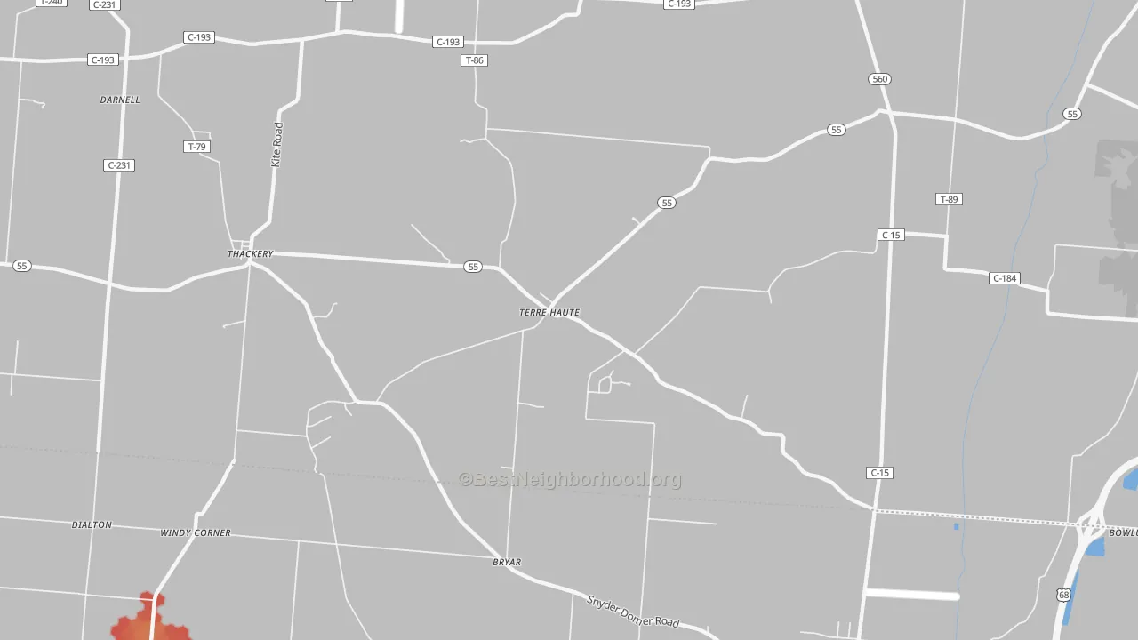 Walk Grade map of Terre Haute, OH, walkable areas in green and car-dependent areas in red
