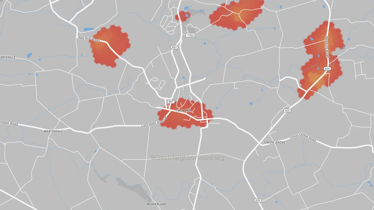 Walk Grade map of Terre Hill, PA, walkable areas in green and car-dependent areas in red