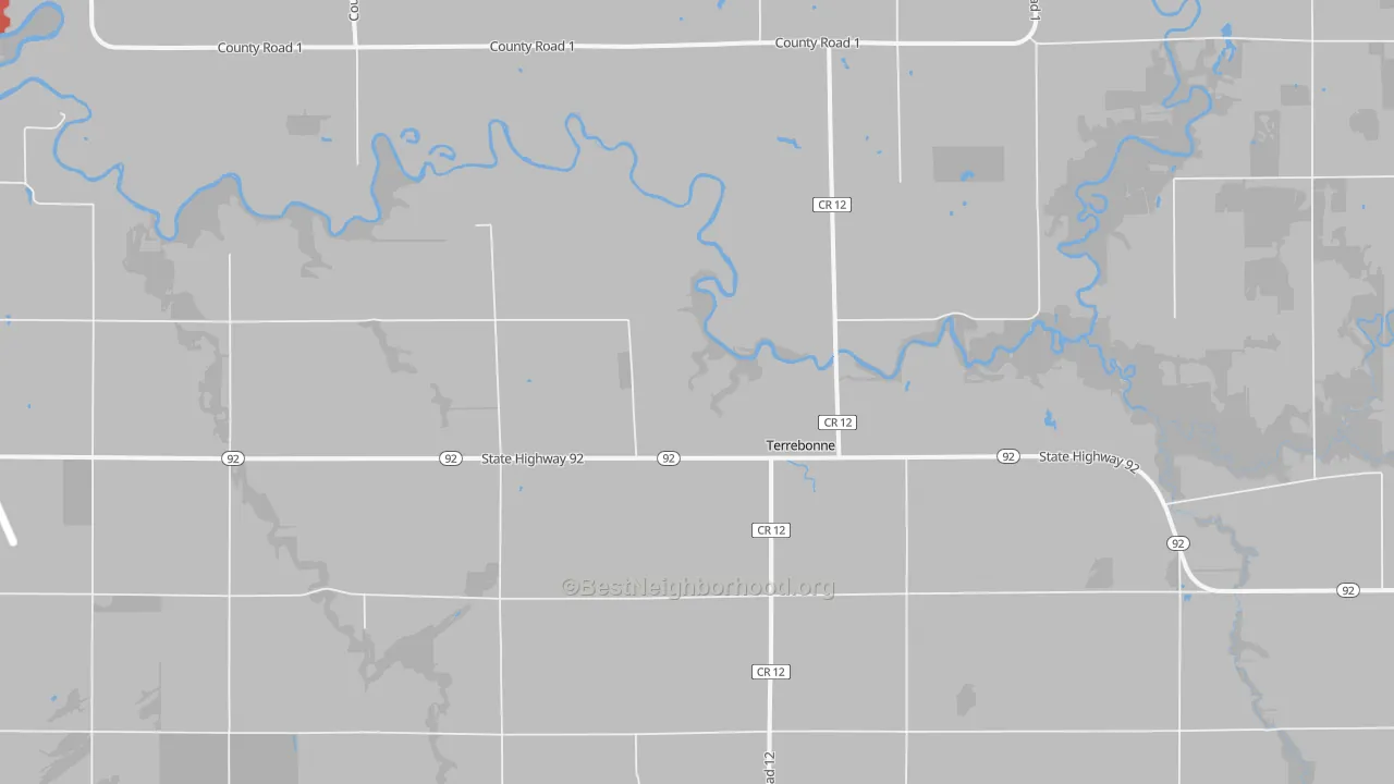 Walk Grade map of Terrebonne, MN, walkable areas in green and car-dependent areas in red