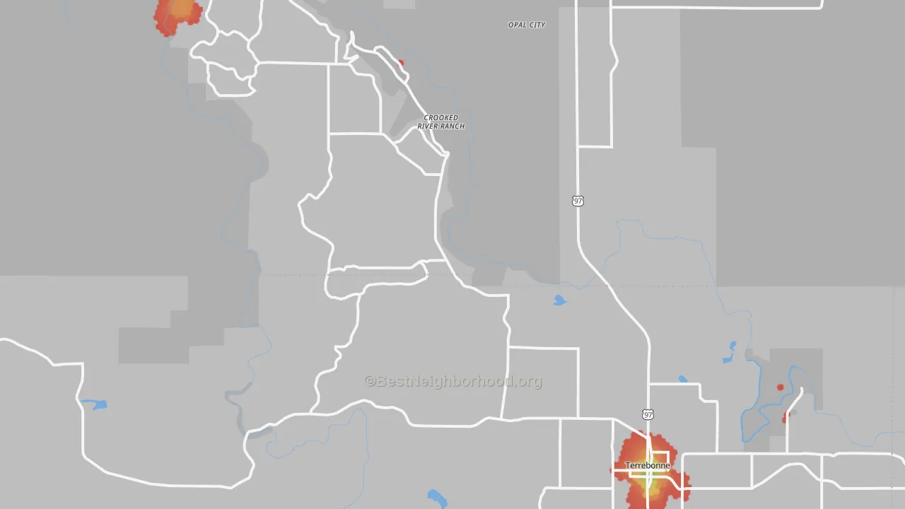 Walk Grade map of Terrebonne, OR, walkable areas in green and car-dependent areas in red