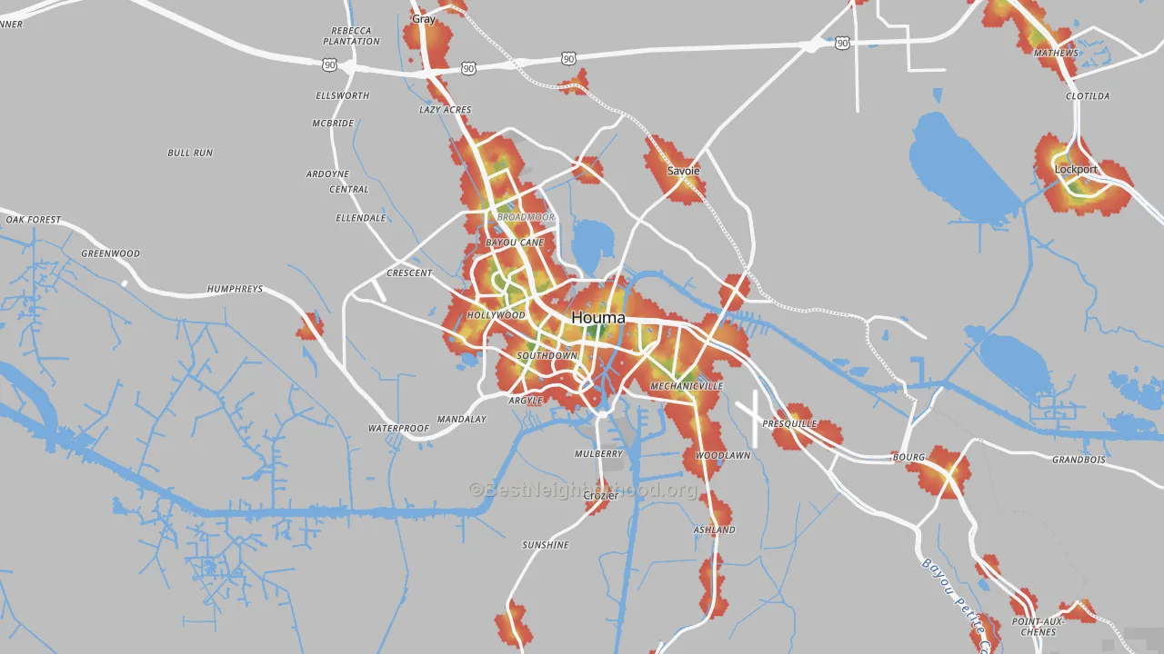 Walk Grade map of Terrebonne Parish, LA, walkable areas in green and car-dependent areas in red