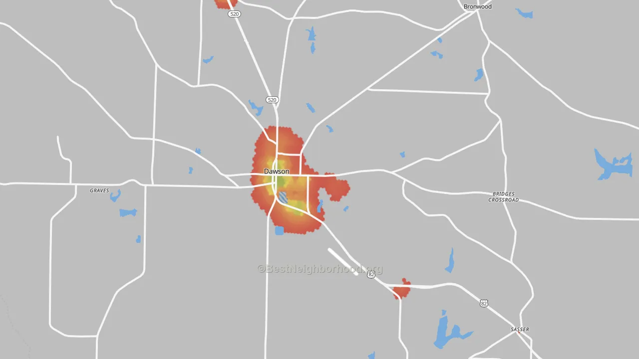 Walk Grade map of Terrell County, GA, walkable areas in green and car-dependent areas in red