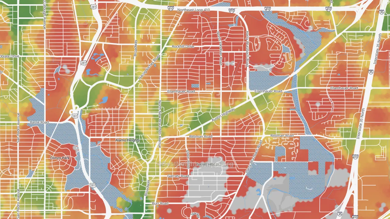 Walk Grade map of Terrell Heights, San Antonio, TX, walkable areas in green and car-dependent areas in red