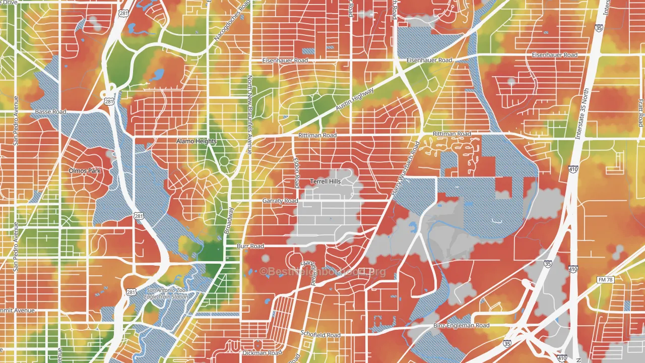 Walk Grade map of Terrell Hills, TX, walkable areas in green and car-dependent areas in red