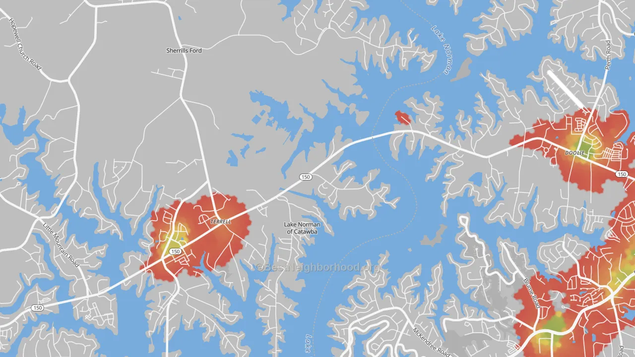 Walk Grade map of Terrell, NC, walkable areas in green and car-dependent areas in red