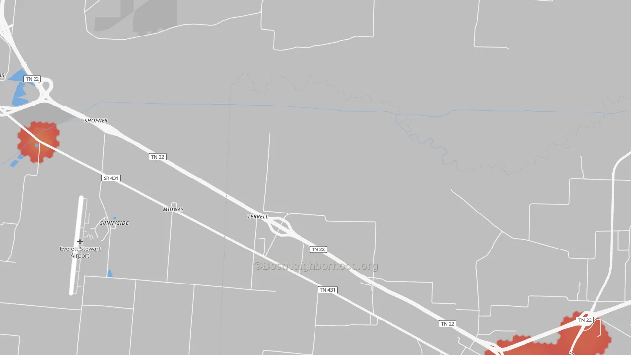 Walk Grade map of Terrell, TN, walkable areas in green and car-dependent areas in red