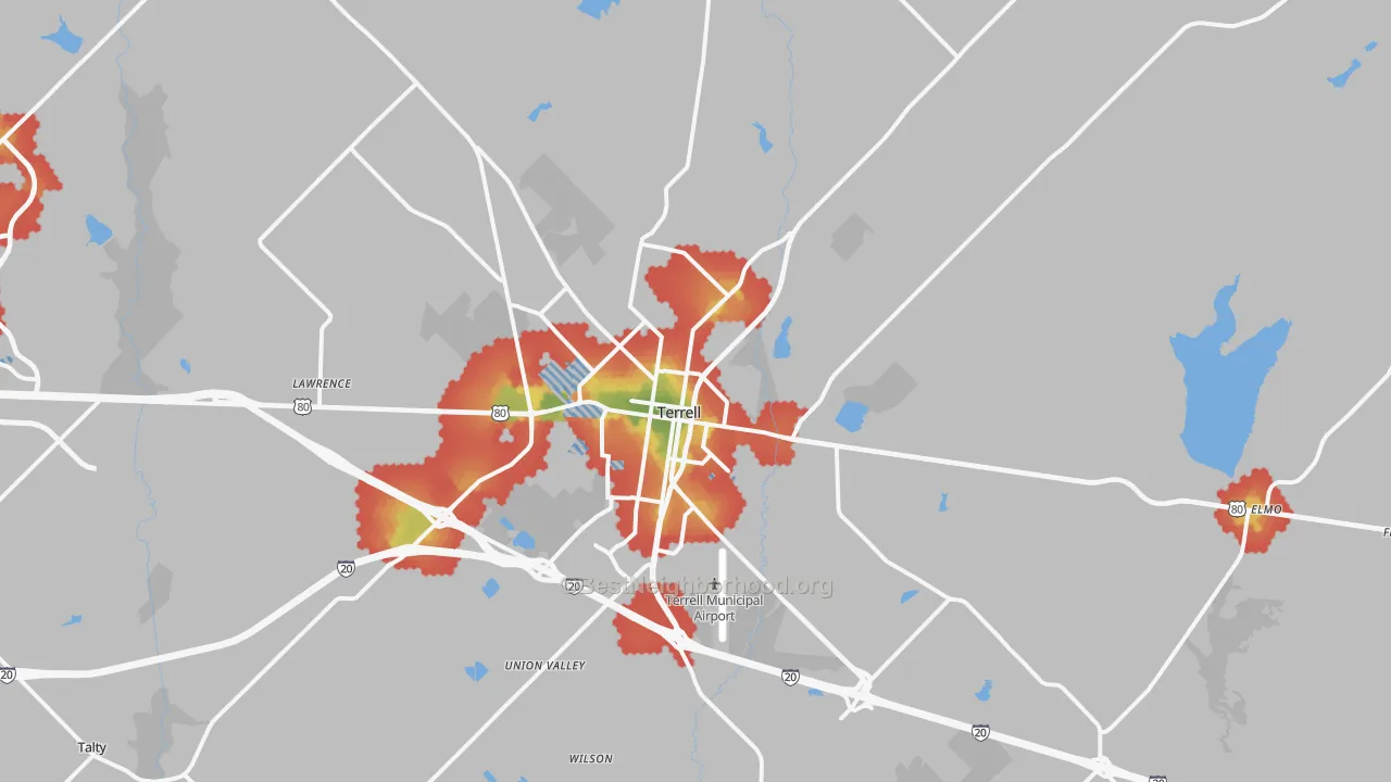 Walk Grade map of Terrell, TX, walkable areas in green and car-dependent areas in red