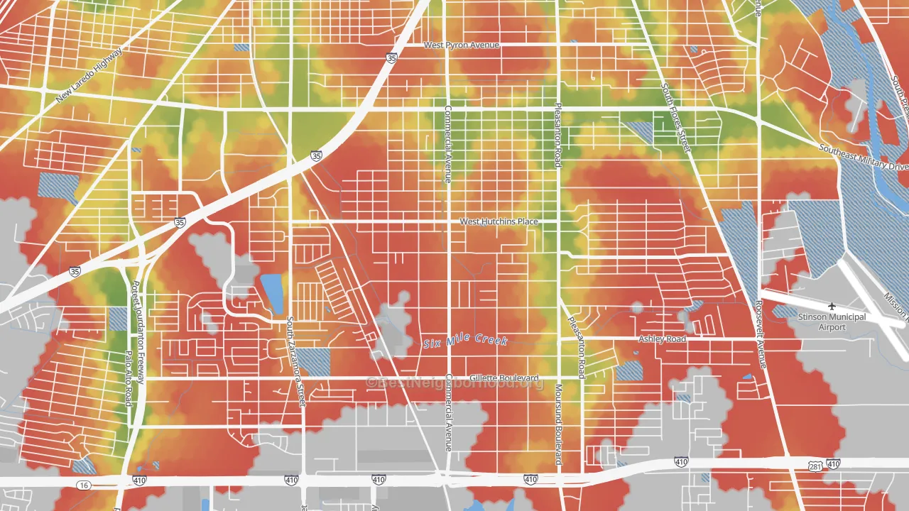 Walk Grade map of Terrell Wells, San Antonio, TX, walkable areas in green and car-dependent areas in red