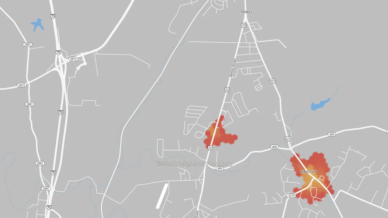 Walk Grade map of Terrill, KY, walkable areas in green and car-dependent areas in red