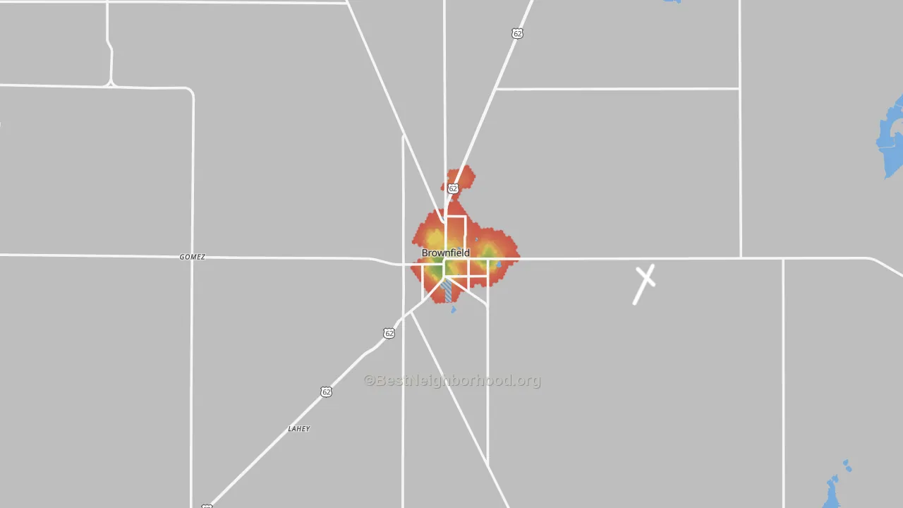Walk Grade map of Terry County, TX, walkable areas in green and car-dependent areas in red