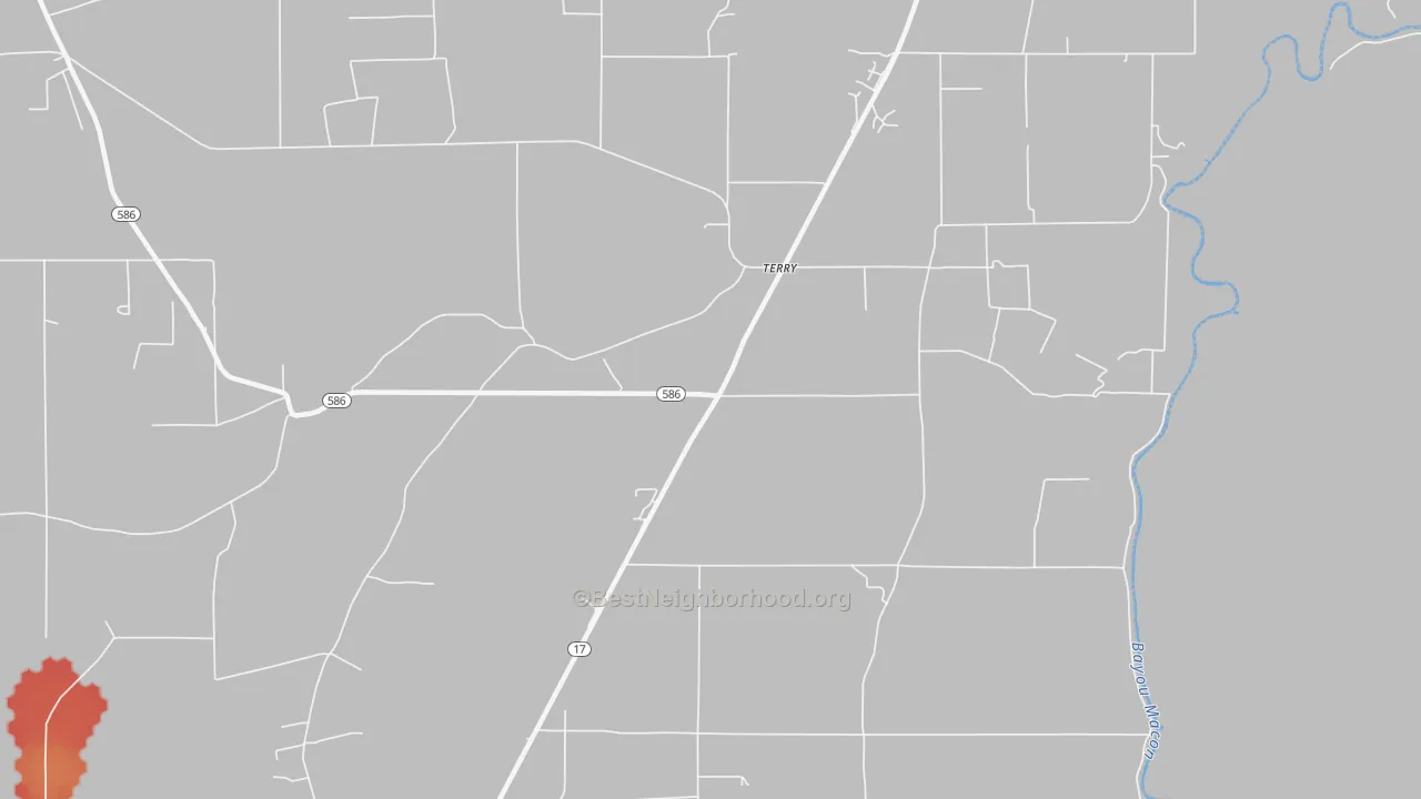 Walk Grade map of Terry, LA, walkable areas in green and car-dependent areas in red