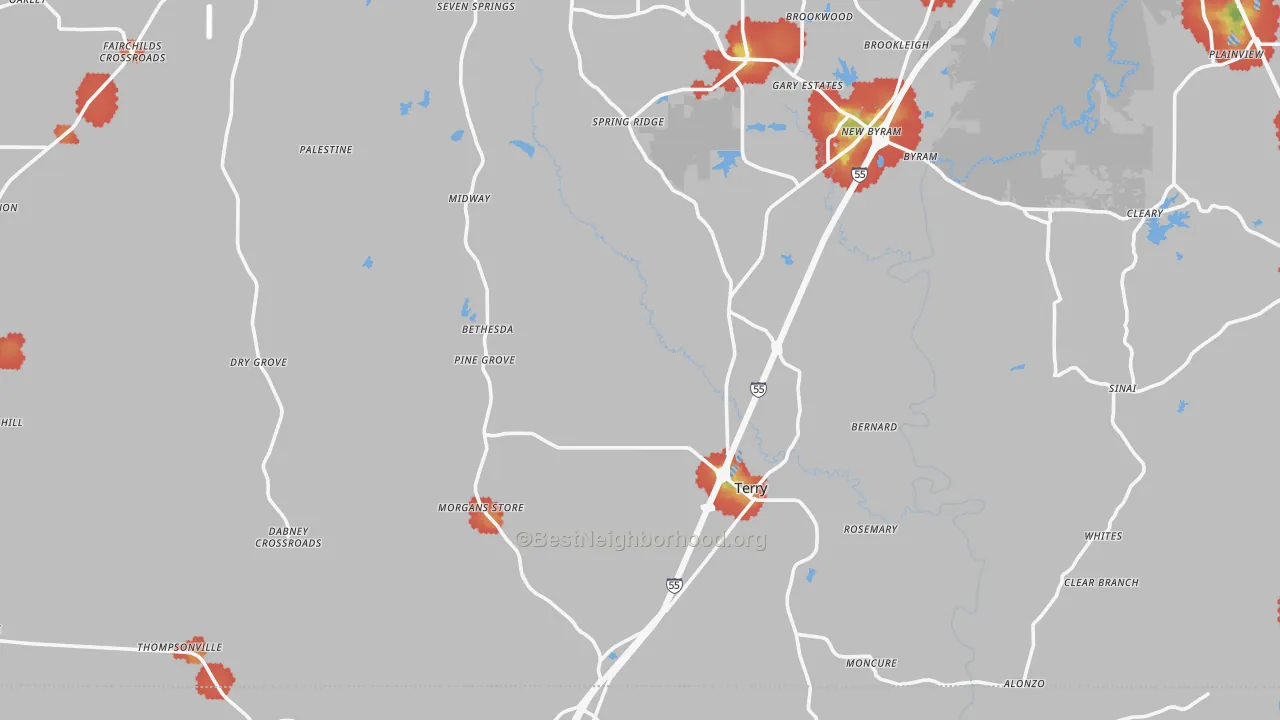 Walk Grade map of Terry, MS, walkable areas in green and car-dependent areas in red