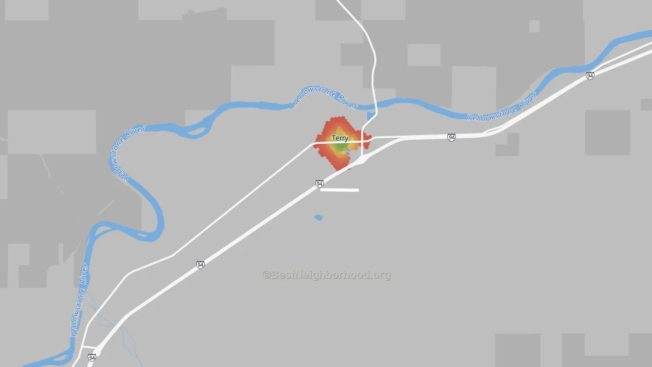 Walk Grade map of Terry, MT, walkable areas in green and car-dependent areas in red