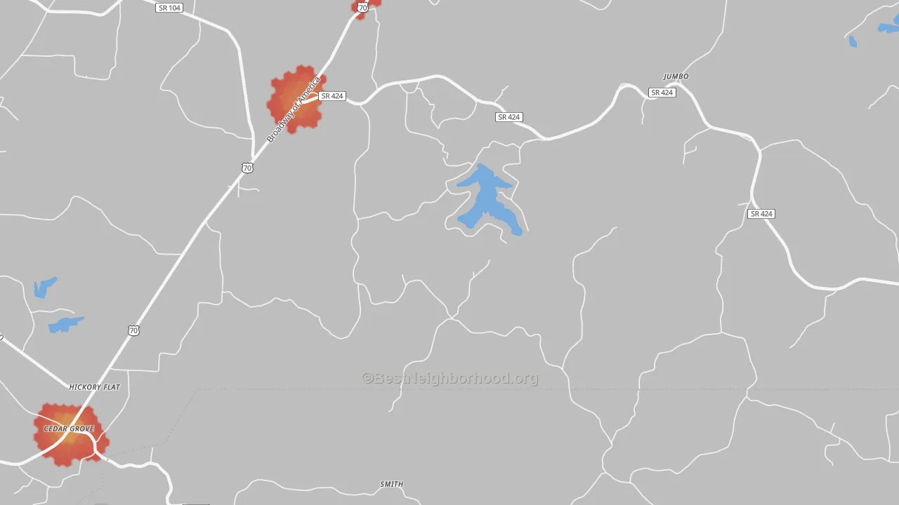 Walk Grade map of Terry, TN, walkable areas in green and car-dependent areas in red