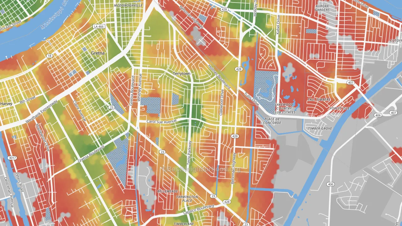 Walk Grade map of Terrytown, LA, walkable areas in green and car-dependent areas in red