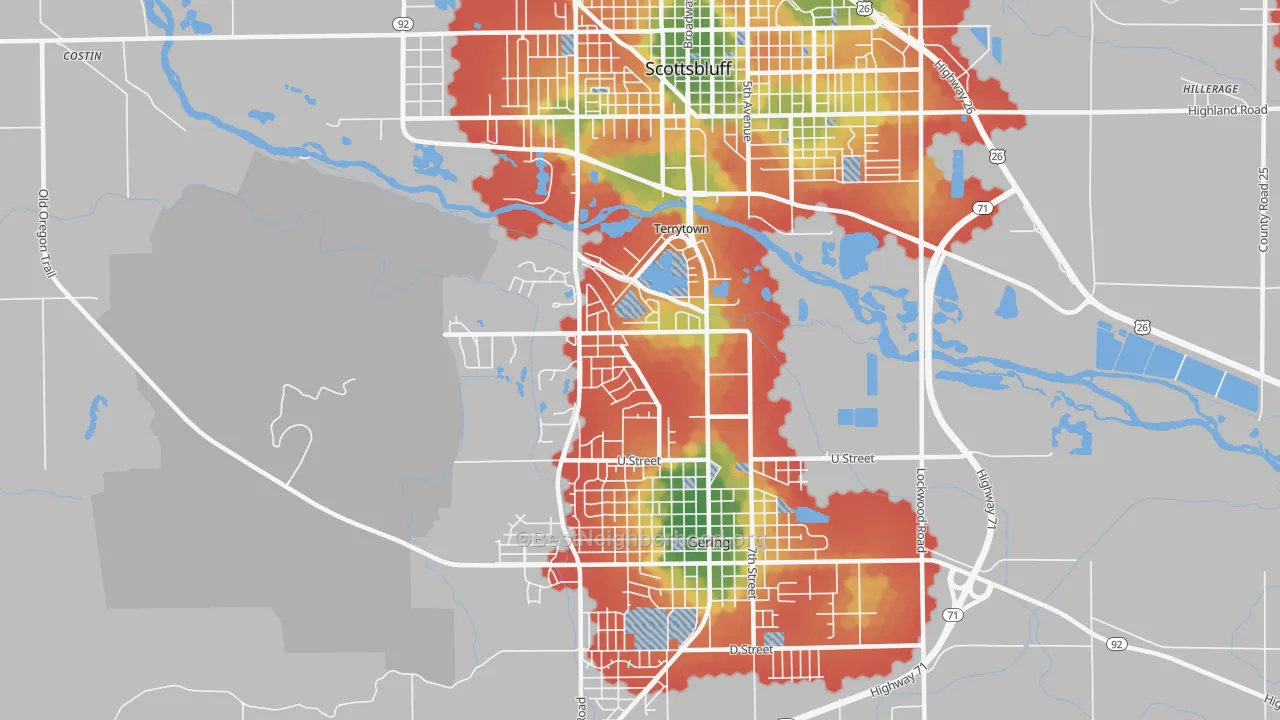 Walk Grade map of Terrytown, NE, walkable areas in green and car-dependent areas in red