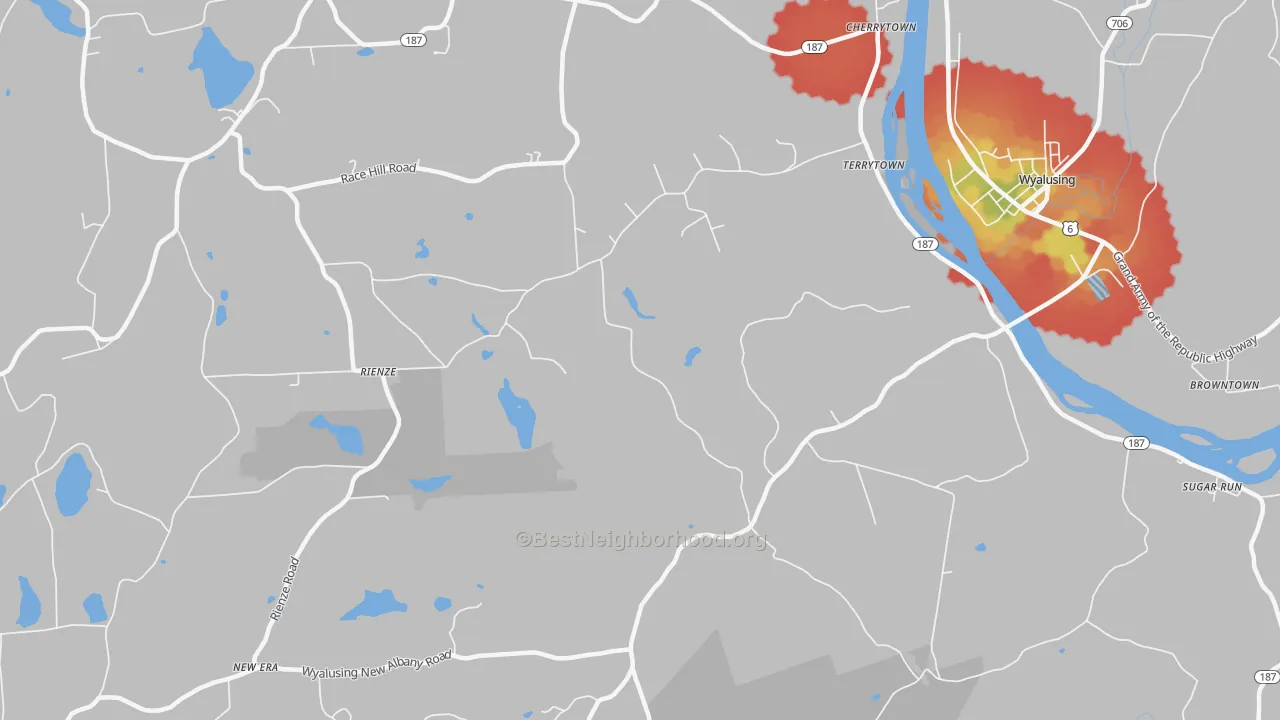 Walk Grade map of Terrytown, PA, walkable areas in green and car-dependent areas in red