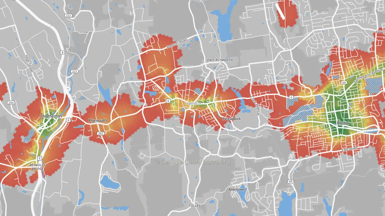 Walk Grade map of Terryville, CT, walkable areas in green and car-dependent areas in red